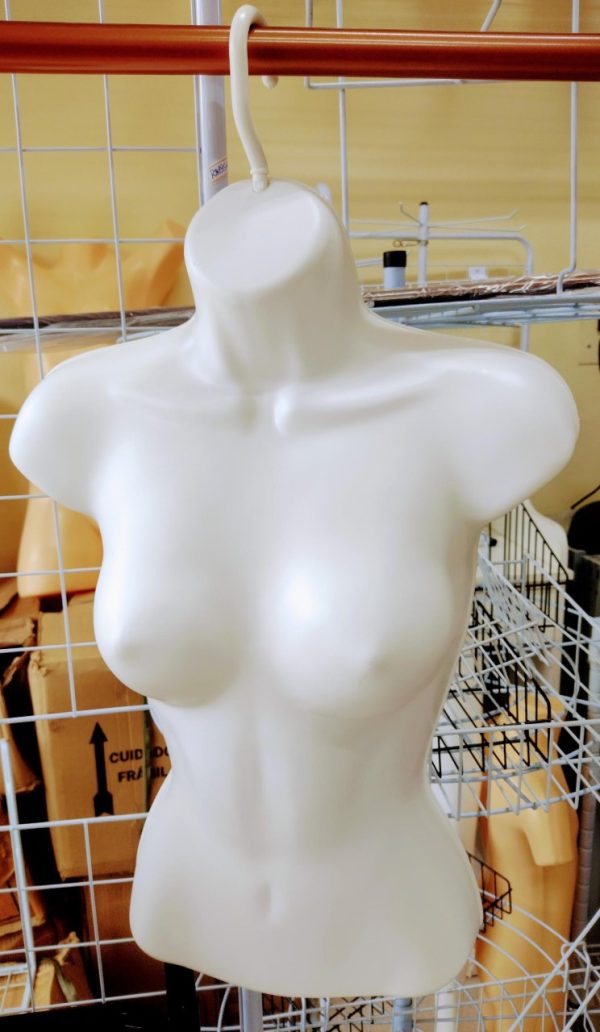 Busto feminino, em pvc branco, tipo cabide.