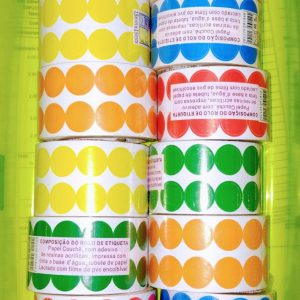Etiquetas bolinhas coloridas, rolo com 1000 unidades. CV.